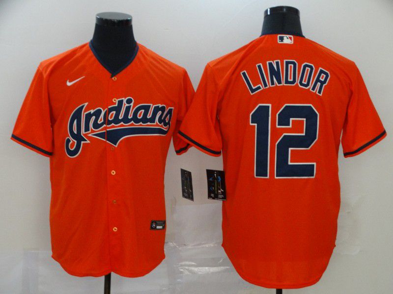 Men Cleveland Indians #12 Lindor Orange Nike Game MLB Jerseys